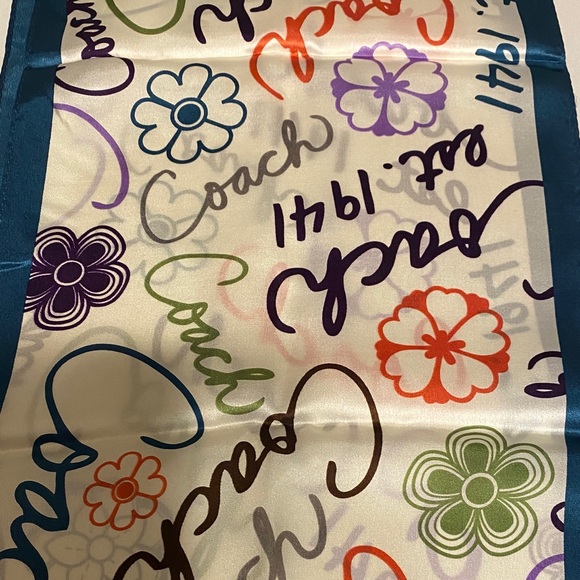 Coach Script and Floral Pattern Scarf with Teal Trim. Scarf is 100% silk - Picture 2 of 3